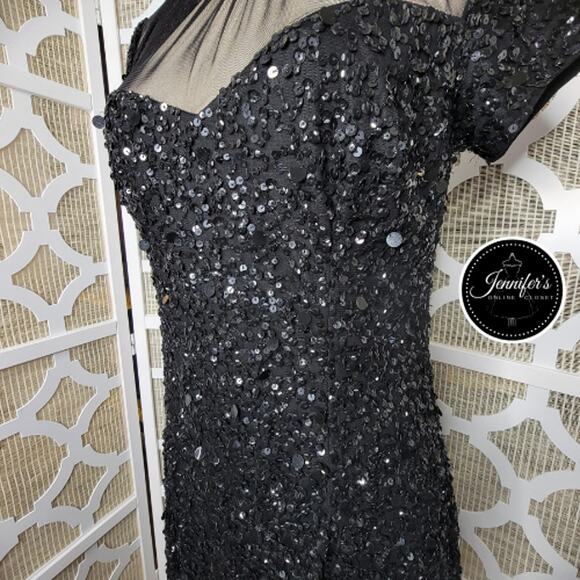 Adrianna Papell Black Sequin Embellished Mesh Neckline Sheath Dress Size 8 - Picture 5 of 12